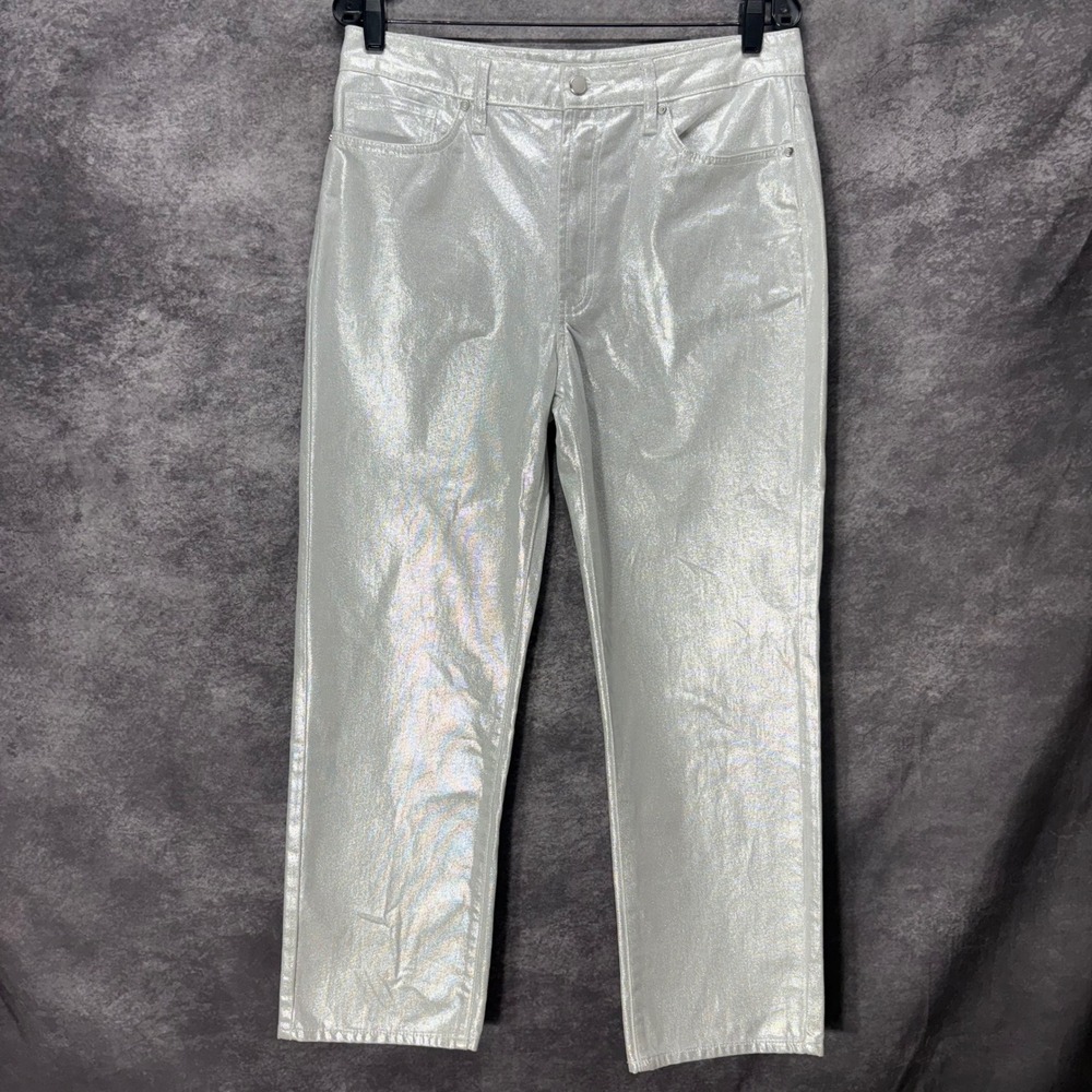 Rebecca Minkoff Silver Metallic High Rise Straight Leg Jeans Womens 10 Disco NYE